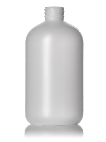 16 oz natural-colored HDPE plastic boston round bottle with 28-410 neck finish