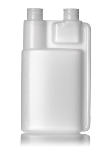 16 oz natural-colored HDPE plastic twin-neck bottle (requires 2 caps) with 28-410 neck finish