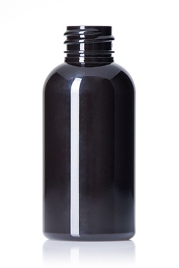 2 oz dark amber PET plastic boston round bottle with 20-410 neck finish