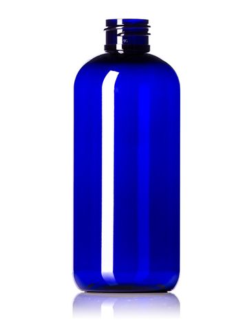 12 oz cobalt blue PET plastic boston round bottle with 28-410 neck finish