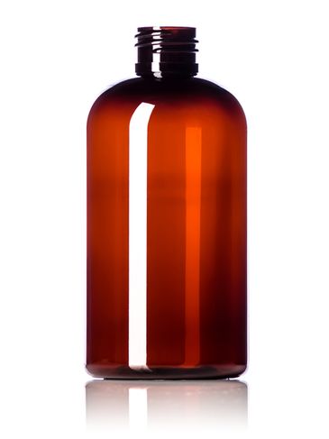 8 oz light amber PET plastic squat boston round bottle with 24-410 neck finish