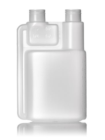 8 oz natural-colored HDPE plastic twin-neck bottle (requires 2 caps) with 24-410 neck finish