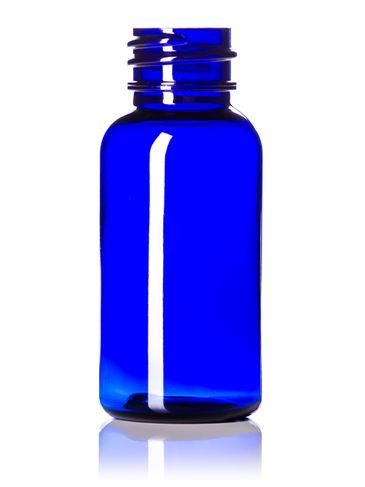 1 oz cobalt blue PET plastic boston round bottle with 20-410 neck finish