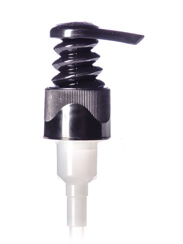 Black PP plastic 24-410 ribbed skirt up-lock spiral-shaped cowl dispensing pump with 6.75 inch dip tube (1.5 cc output)