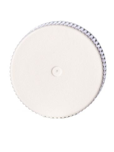White PP plastic 20-400 ribbed skirt lid with foam liner and printed pressure sensitive (PS) liner
