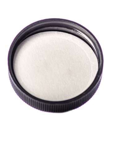 Black PP plastic 43-400 ribbed skirt side-gated lid with unprinted pressure sensitive (PS) liner