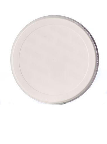 White PP plastic 63-485 ribbed skirt lid with printed pressure sensitive (PS) liner
