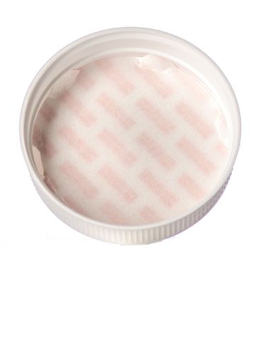 White PP plastic 63-485 ribbed skirt lid with printed pressure sensitive (PS) liner