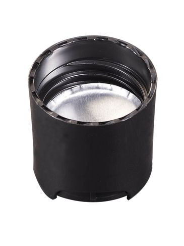 Black PP plastic 24-410 smooth skirt disc top lid (.308 inch orifice) with universal heat induction seal (HIS) liner