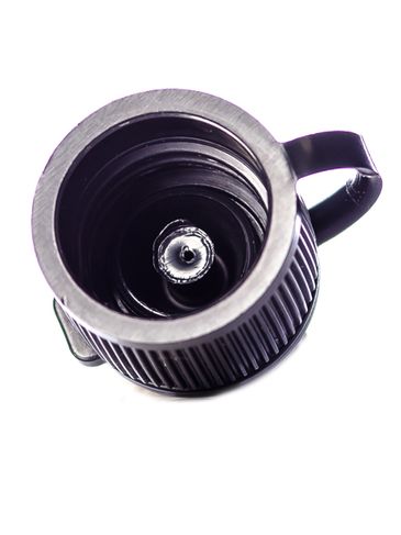 Black PP plastic 15-410 ribbed skirt dispensing lid with strap cap