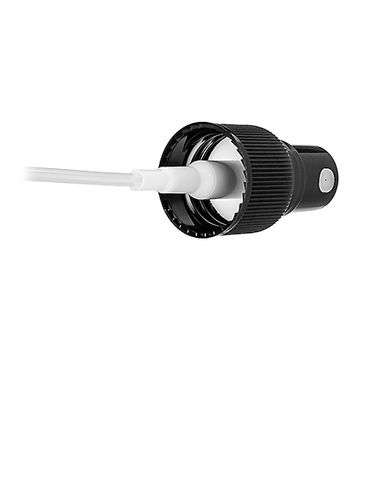 Black PP plastic 20-410 ribbed skirt fine mist fingertip sprayer with clear overcap and 5.3 inch dip tube ( .12-.16 cc output)