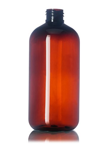 12 oz amber PET plastic boston round bottle with 24-410 neck finish