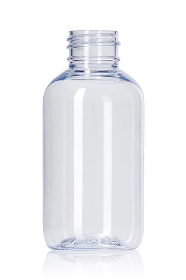100 mL (3 oz) clear PET plastic boston round bottle with 24-410 neck finish