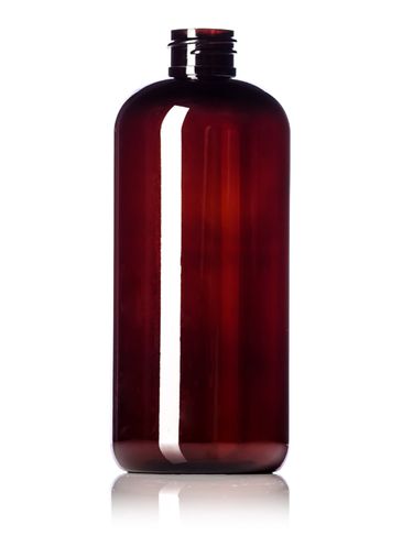 16 oz amber PET plastic boston round bottle with 28-410 neck finish
