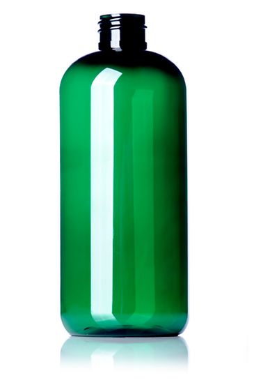 16 oz green PET plastic boston round bottle with 28-410 neck finish