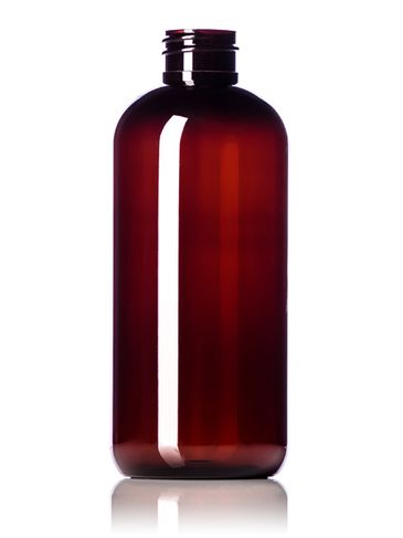 12 oz amber PET plastic boston round bottle with 28-410 neck finish