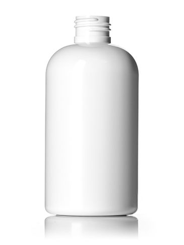 8 oz white PET plastic squat boston round bottle with 24-410 neck finish