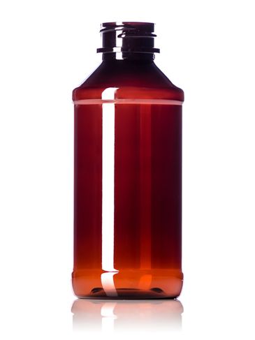 4 oz amber PET plastic modern round bottle with 24-400 neck finish