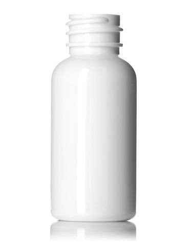 1 oz white PET plastic boston round bottle with 20-410 neck finish