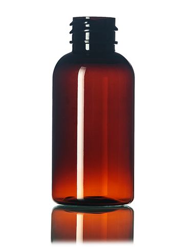 1.5 oz amber PET plastic boston round bottle with 20-410 neck finish