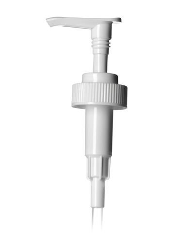 White PP plastic 28-400 ribbed skirt down-lock saddle head dispensing pump with 8.64 inch dip tube (1.8 cc output)