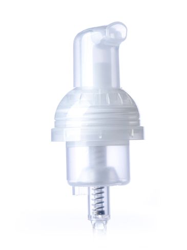 Natural-colored PP plastic 30 mm smooth skirt dispensing foamer pump with 3.25 inch dip tube and clear plastic overcap (0.4cc output)