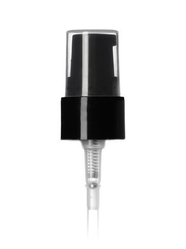 Black PP plastic 20-410 smooth skirt fingertip treatment pump with clear overcap, and 3.75 inch dip tube (0.2 cc output)