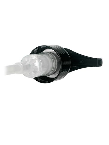 Black PP plastic 24-410 smooth skirt up-lock saddle head dispensing pump with 6 15/16 inch dip tube (2.5 cc output)