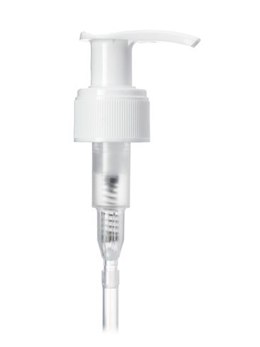 White PP plastic 24-410 ribbed skirt up-lock dispensing pump with 8.75 inch dip tube (1.2 cc output)