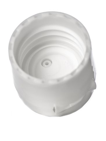 White PP plastic 20-410 smooth skirt unlined hinged flip top snap dispensing lid (0.125 inch orifice)