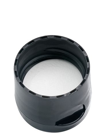 Black PP plastic 24-410 smooth skirt hinged flip top snap cap dispensing cap with pressure sensitive (PS) liner and 3mm orifice