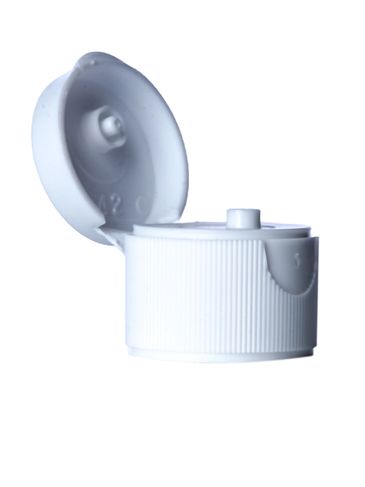 White PP plastic 24-410 ultra ribbed skirt unlined hinged flip top snap dispensing lid (0.125 inch orifice)