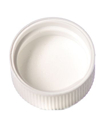White PP plastic 20-400 ribbed skirt lid with foam liner and printed pressure sensitive (PS) liner