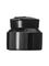 Black LDPE plastic 24-410 ribbed skirt dispensing lid with strap cap (0.12 inch orifice)