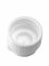 White LDPE plastic 24-410 ribbed skirt dispensing lid with strap cap (0.12 inch orifice)