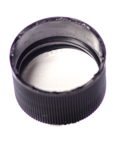 Black PP plastic 28-410 ribbed skirt lid with foam liner and unprinted pressure sensitive (PS) liner