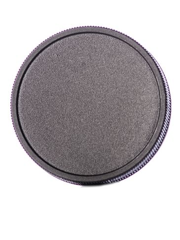 Black PP plastic 58-400 ribbed skirt side-gated lid with printed pressure sensitive (PS) liner