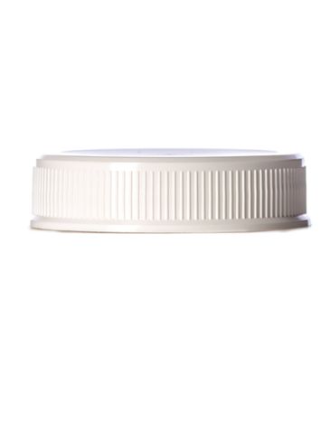 White PP plastic 63-485 ribbed skirt lid with printed pressure sensitive (PS) liner