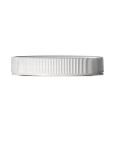 White PP plastic 63-400 ribbed skirt lid with printed pressure sensitive (PS) liner