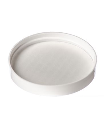 White PP plastic 70-400 smooth skirt lid with printed pressure sensitive (PS) liner