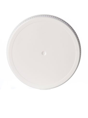 White PP plastic 89-400 ribbed skirt lid with universal heat induction seal (HIS) liner