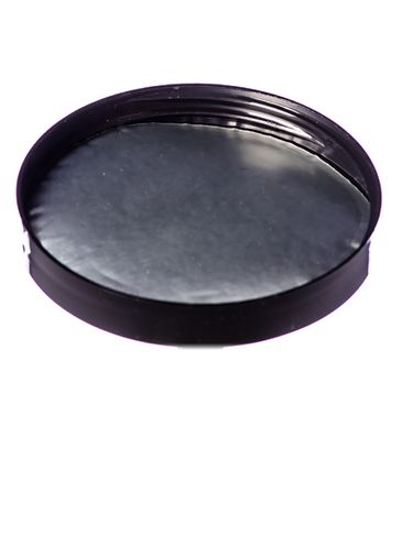 Black PP plastic 89-400 smooth skirt lid with printed universal heat induction seal (HIS) liner