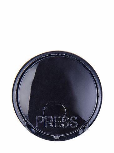 Black PP plastic 20-410 smooth skirt disc top cap with unprinted universal heat induction seal (HIS) liner