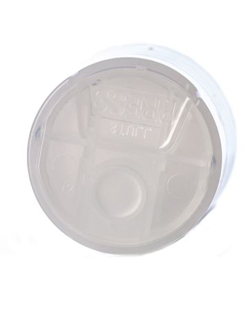 Natural-colored PP plastic 24-410 smooth skirt disc top cap (.312 inch orifice) with unprinted pressure sensitive (PS) liner