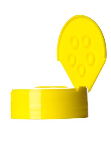 Yellow PP plastic 48-485 smooth skirt 5-hole flip top sifter spice lid with universal heat induction seal (HIS) liner