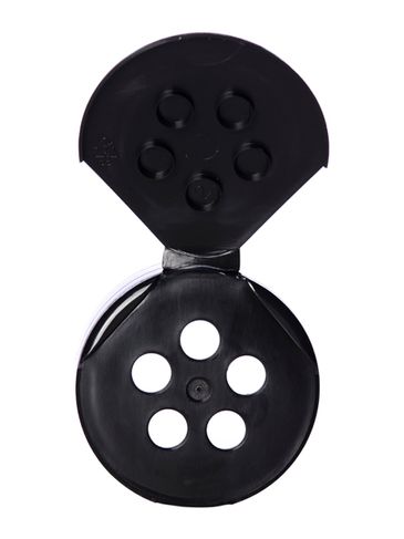 Black PP plastic flip top 5-hole spice cap with heat induction seal liner (HIS) and 48-485 neck finish (0.31 inch orifice)