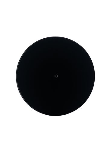 Black PP plastic 24-410 ribbed skirt lid with printed pressure sensitive (PS) liner
