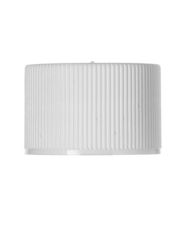 White PP plastic 24-410 ribbed skirt lid with printed universal heat induction seal (HIS) liner
