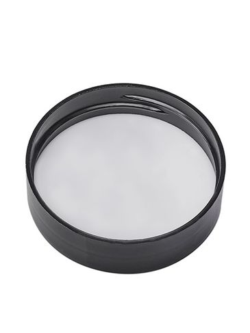 Black PP plastic 63-485 smooth skirt spice cap with outside stacking ring and foam liner