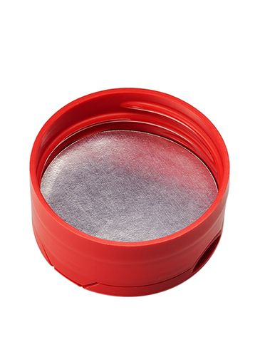 Red PP plastic 43-485 smooth skirt sifter lid with heat induction seal (HIS) liner